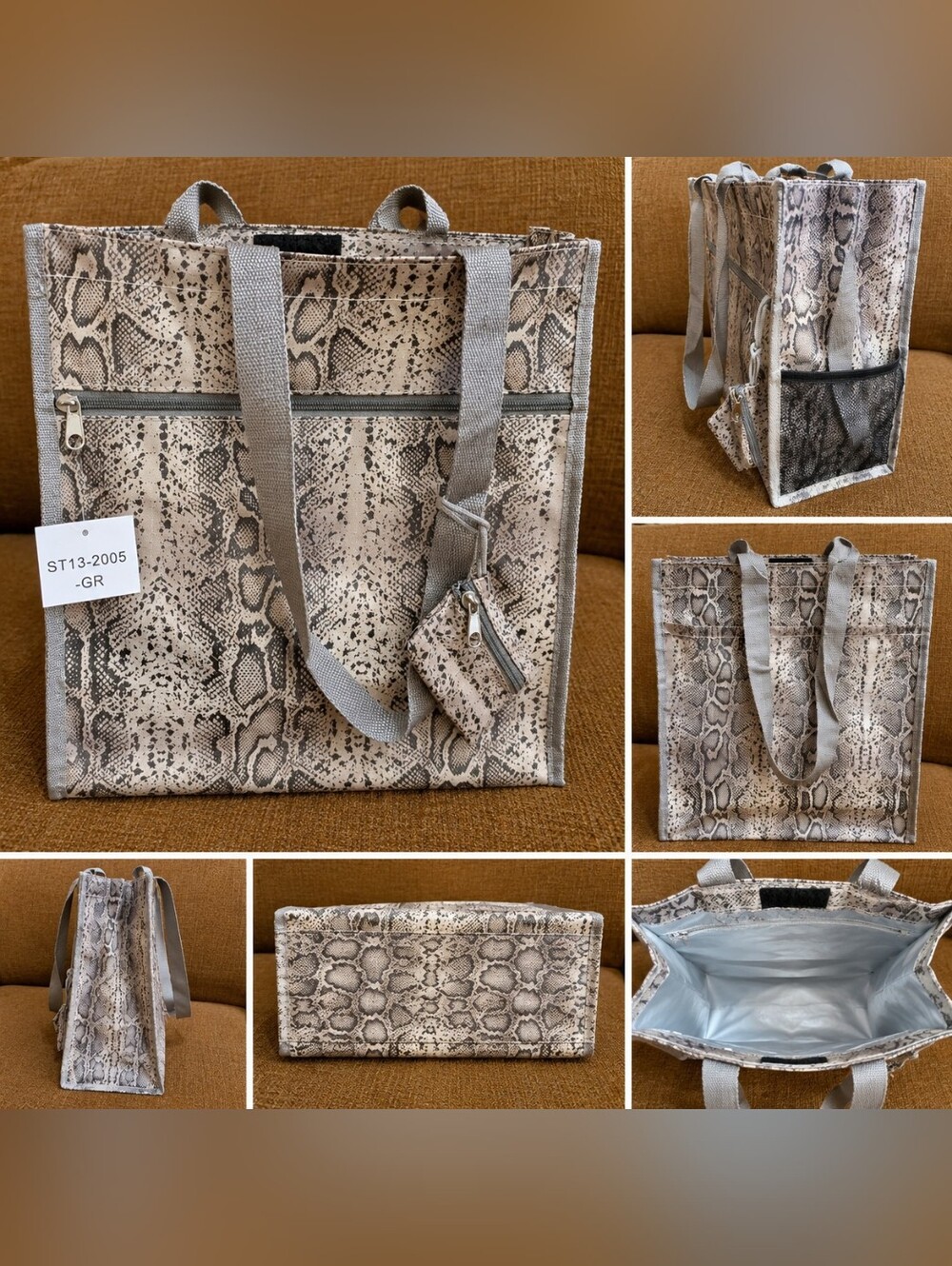Snake-Print Tote Bag with Front Zip Pocket - Grey